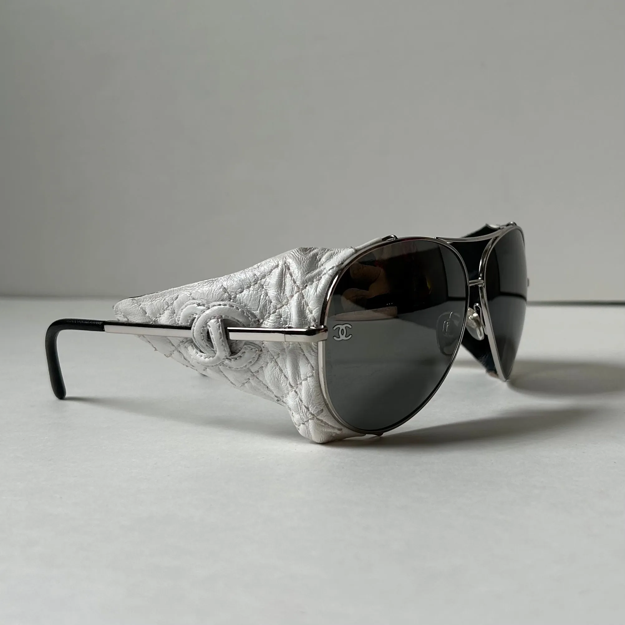 Chanel White Leather Aviator Sunglasses 4192-Q