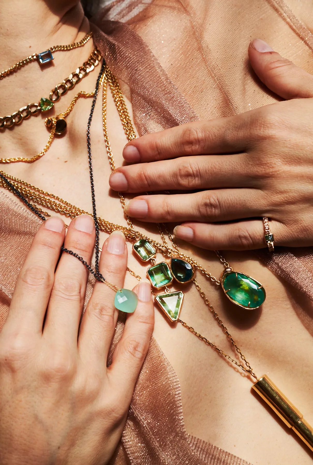 Chrysoprase Diamond Square Cut Aura Refinement Long Chain Necklace