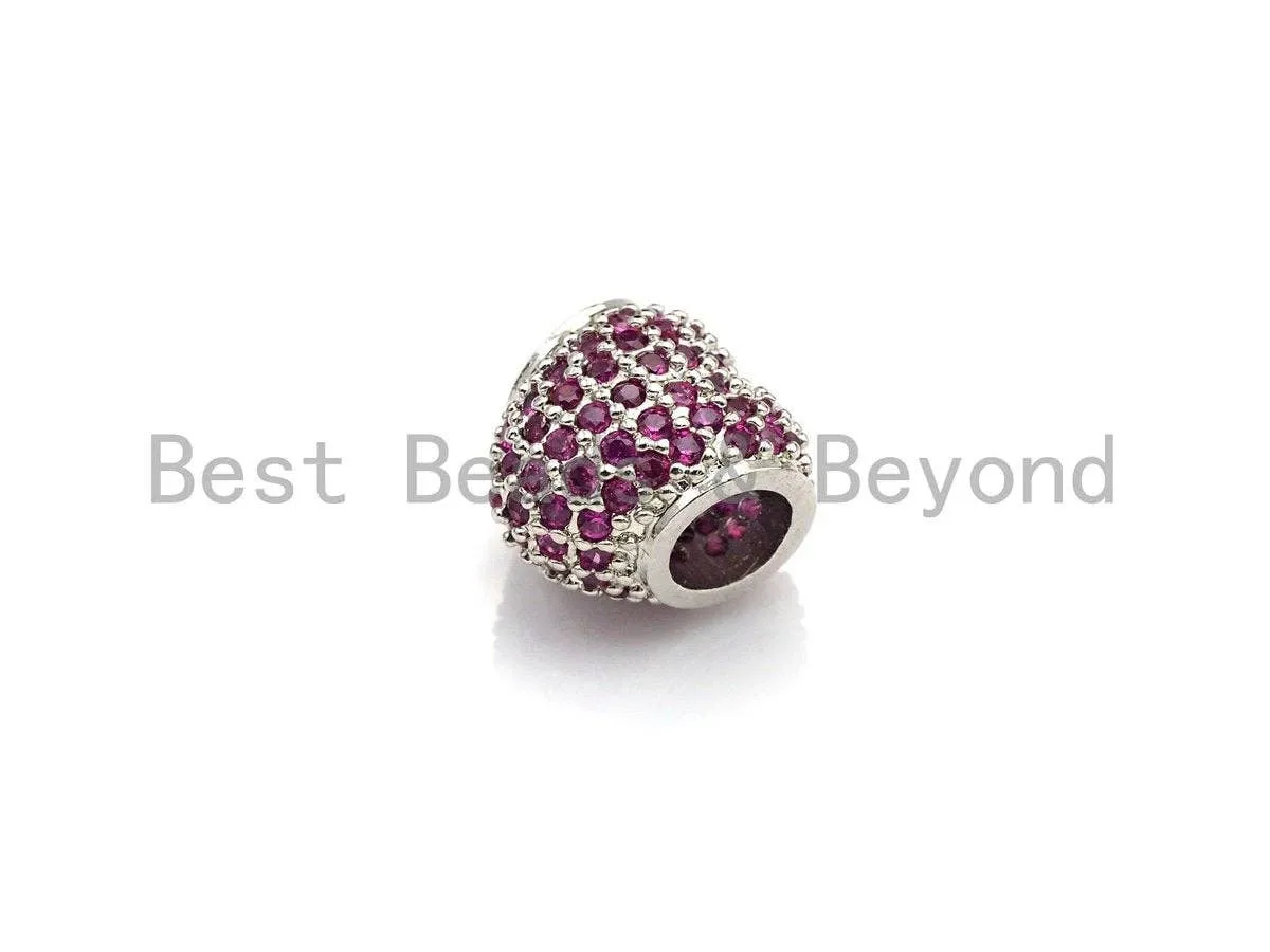 Colorful CZ Pave Heart Big Hole bads, Cobalt/Fuchsia Pave Heart Beads, European Large Hole Beads, 9x10x11mm, sku#Z868