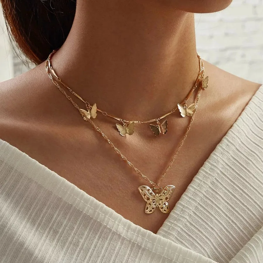 Combo of 2 Golden Silver Layered Butterfly Necklace