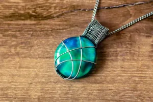 Crisscross Sterling Silver Pendant with Blue and Green Fused Glass