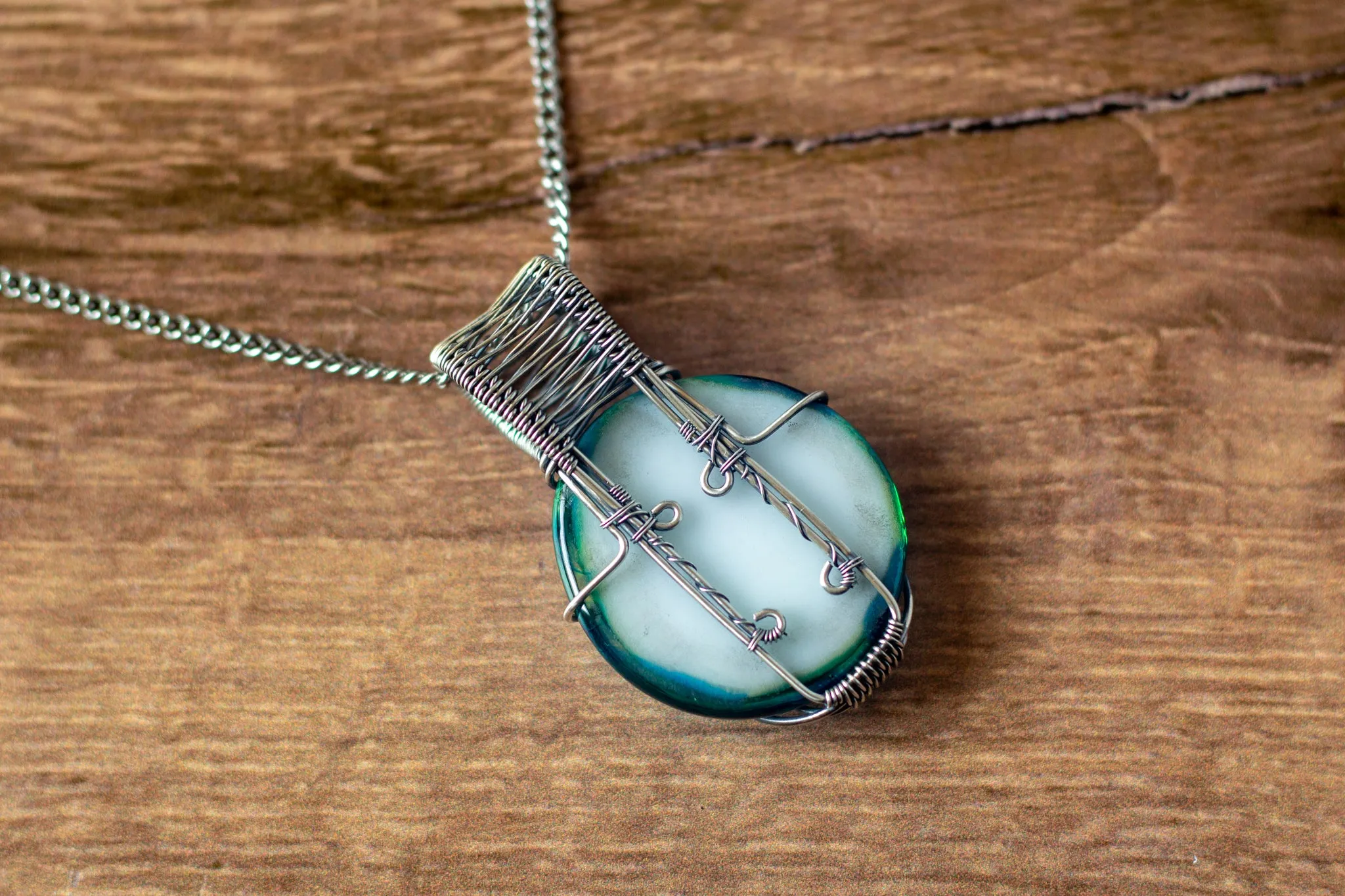 Crisscross Sterling Silver Pendant with Blue and Green Fused Glass