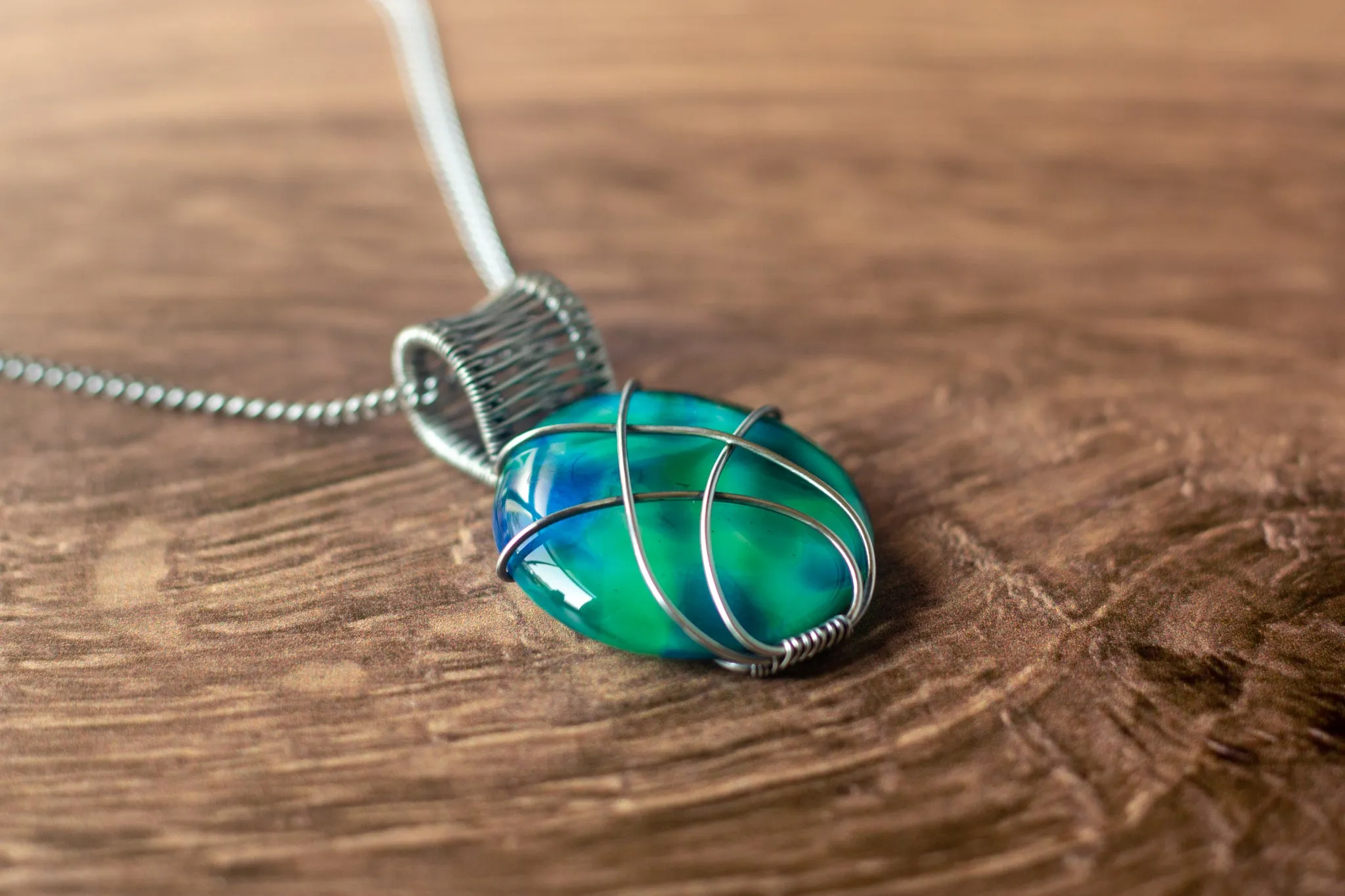 Crisscross Sterling Silver Pendant with Blue and Green Fused Glass
