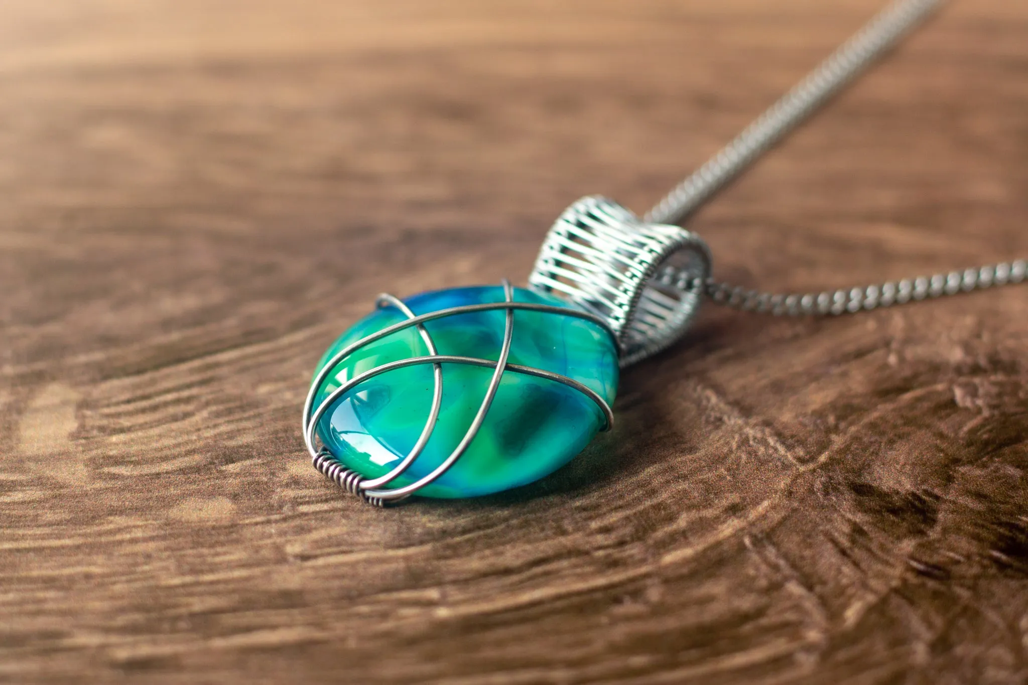 Crisscross Sterling Silver Pendant with Blue and Green Fused Glass
