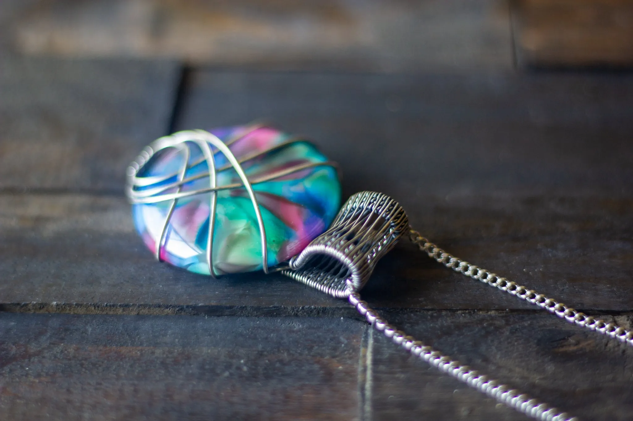 Crisscross Sterling Silver Pendant with Multi-color Fused Glass Cabochon