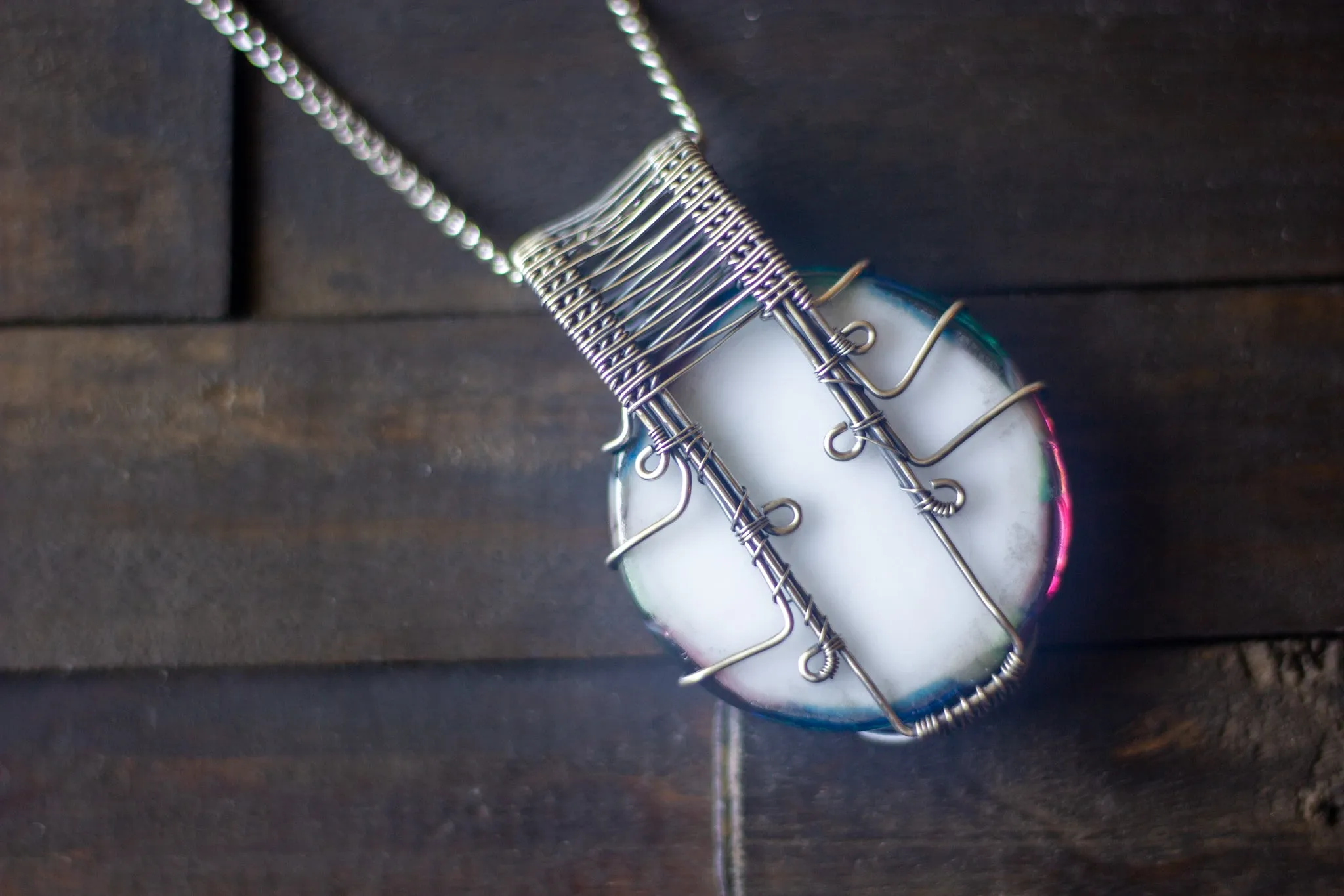 Crisscross Sterling Silver Pendant with Multi-color Fused Glass Cabochon
