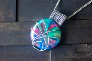 Crisscross Sterling Silver Pendant with Multi-color Fused Glass Cabochon
