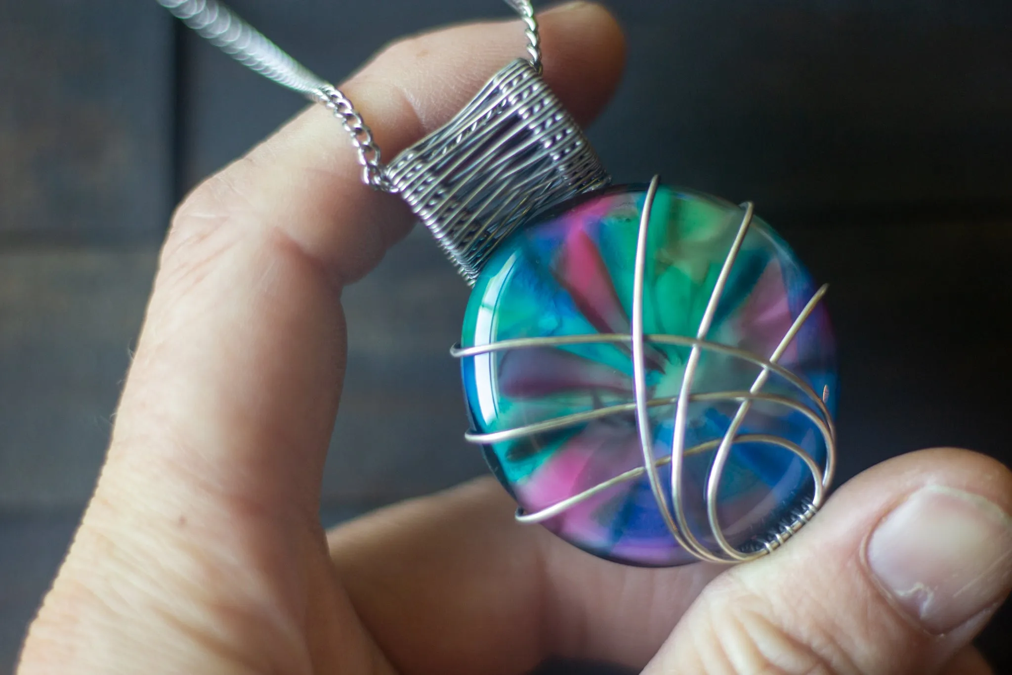 Crisscross Sterling Silver Pendant with Multi-color Fused Glass Cabochon