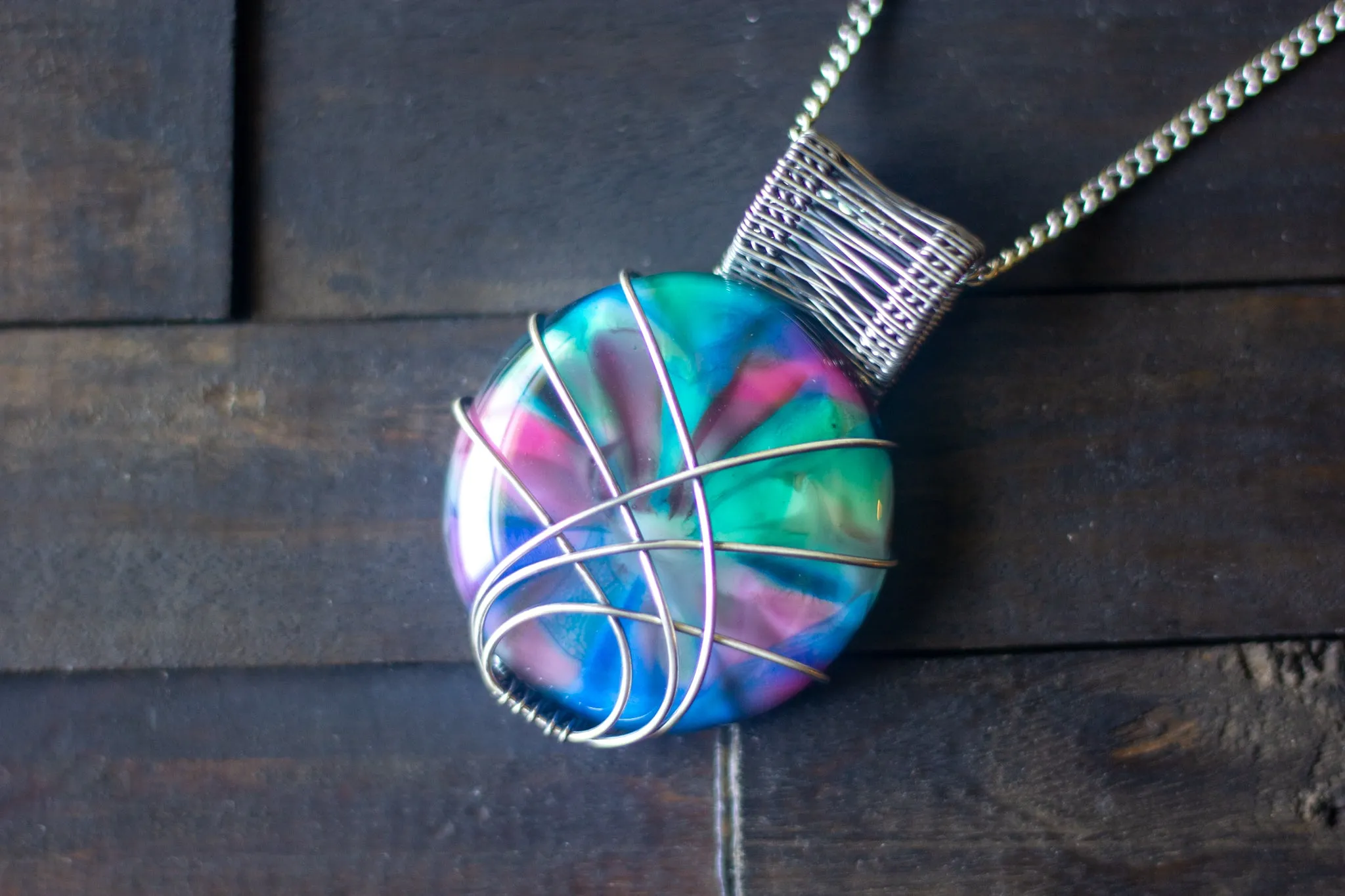 Crisscross Sterling Silver Pendant with Multi-color Fused Glass Cabochon