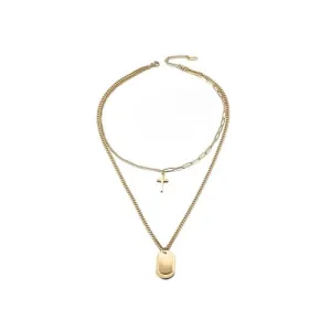 Cross & Tag Double Pendant Necklace (available in 2 colors)