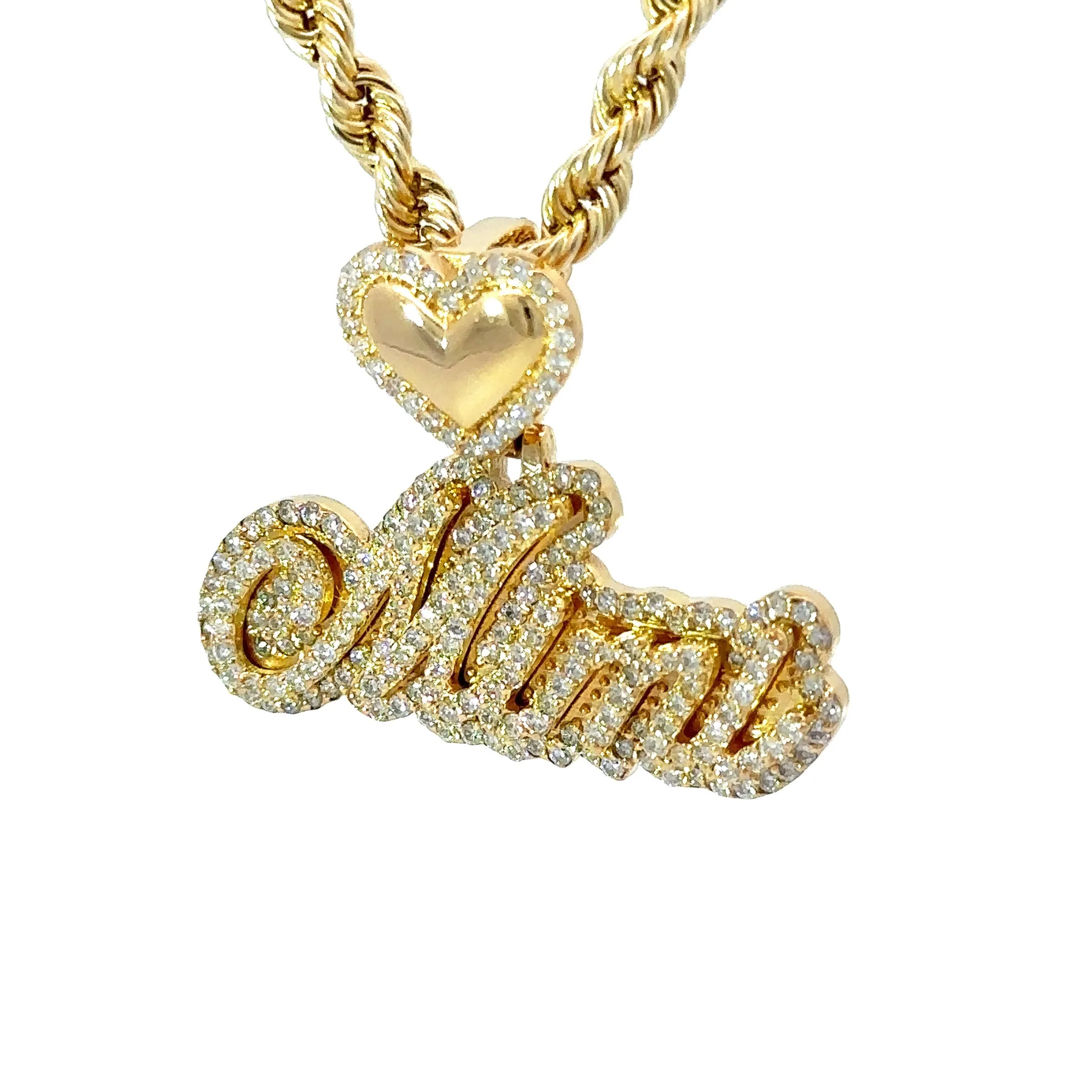 Custom Diamond Heart Outline & Cursive Personalized Name Pendant - "Mimi" Style