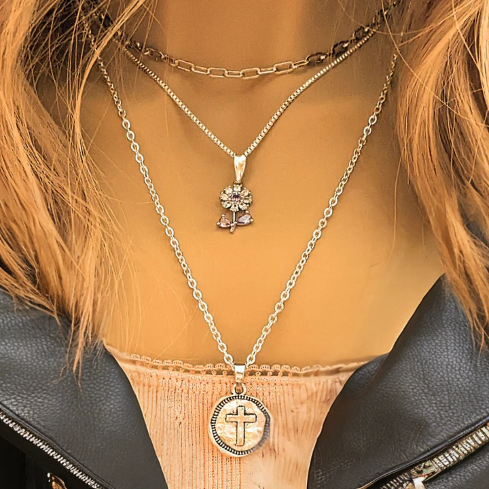 CZ Flower/Dragonfly Cross  Layered Necklace Set