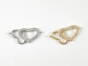 Dainty Double Hearts CZ Pave Connector in 18K Gold or Silver Plated Over Brass 6 pcs