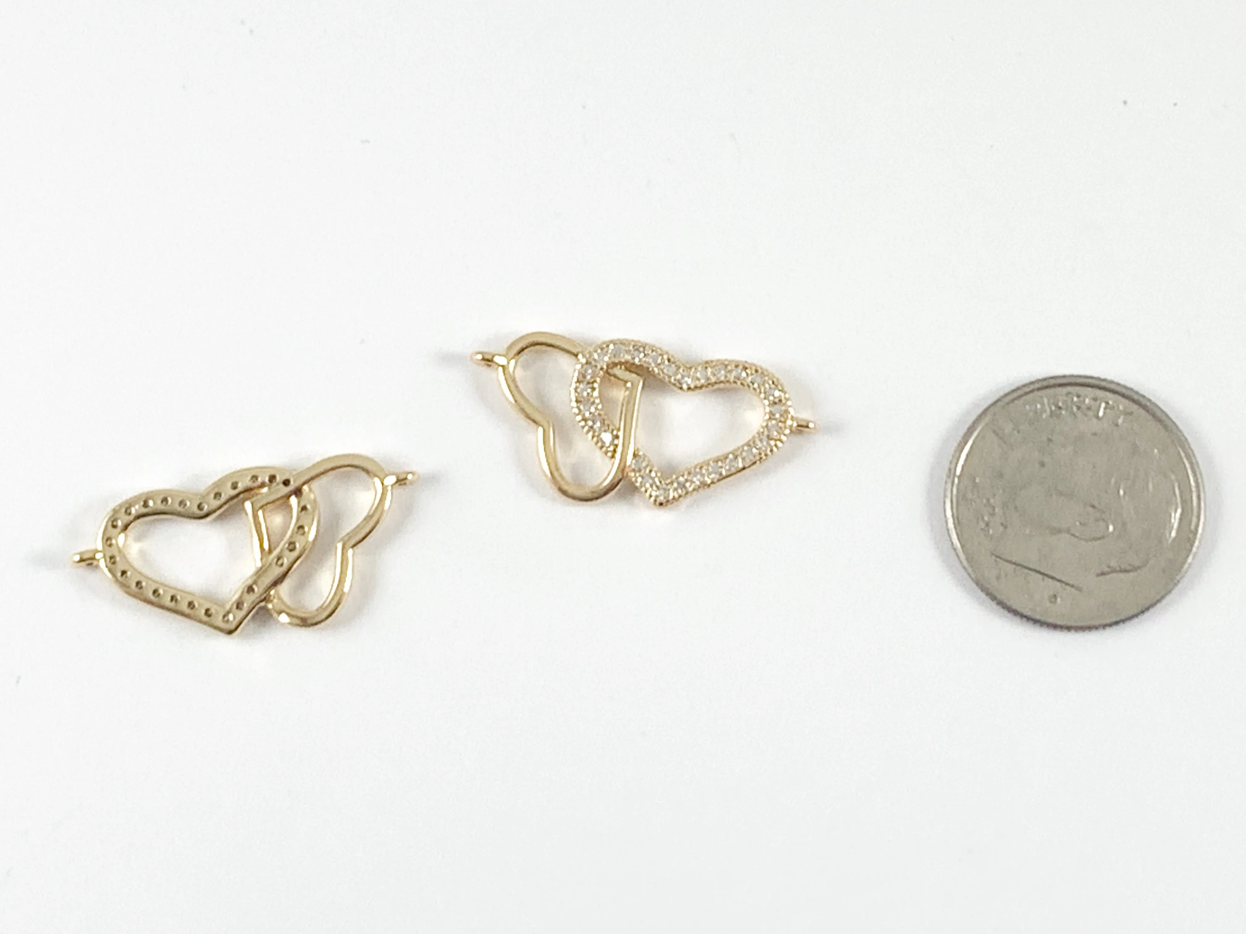 Dainty Double Hearts CZ Pave Connector in 18K Gold or Silver Plated Over Brass 6 pcs