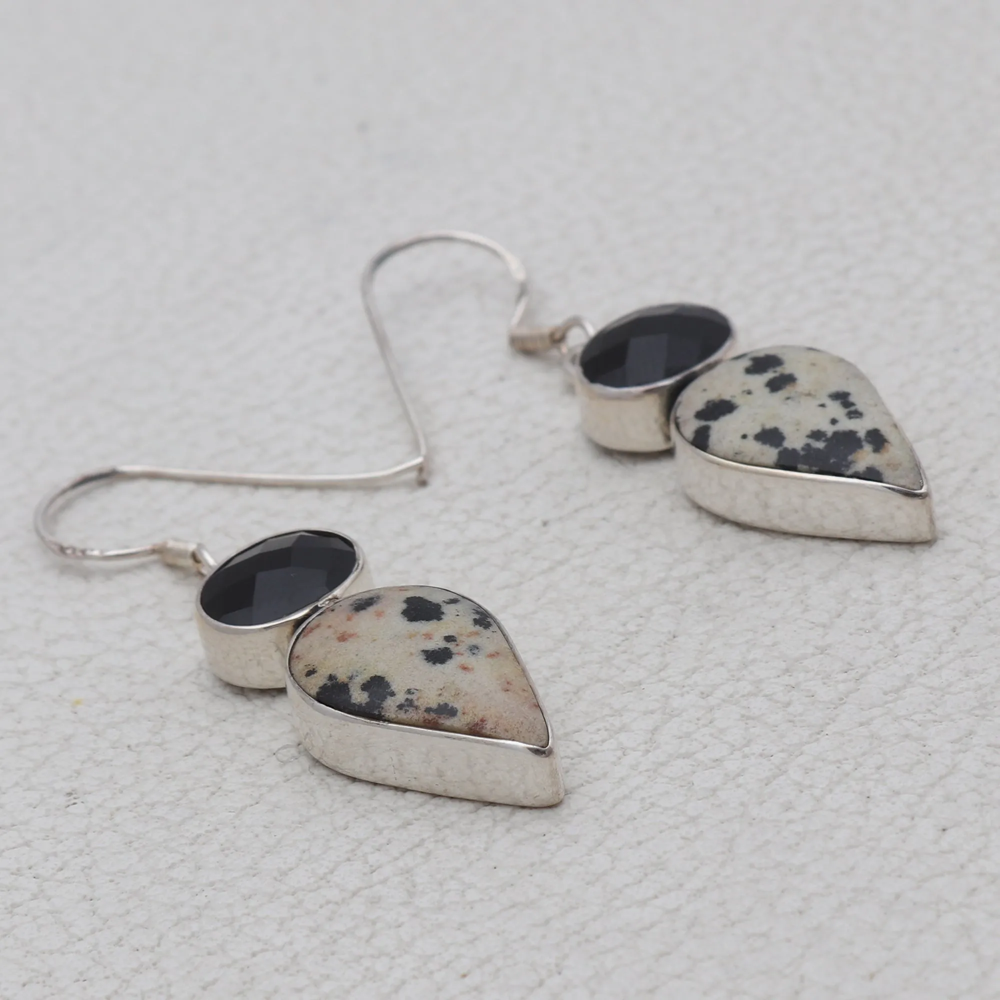 Dalmatian & Black Onyx Silver Earrings