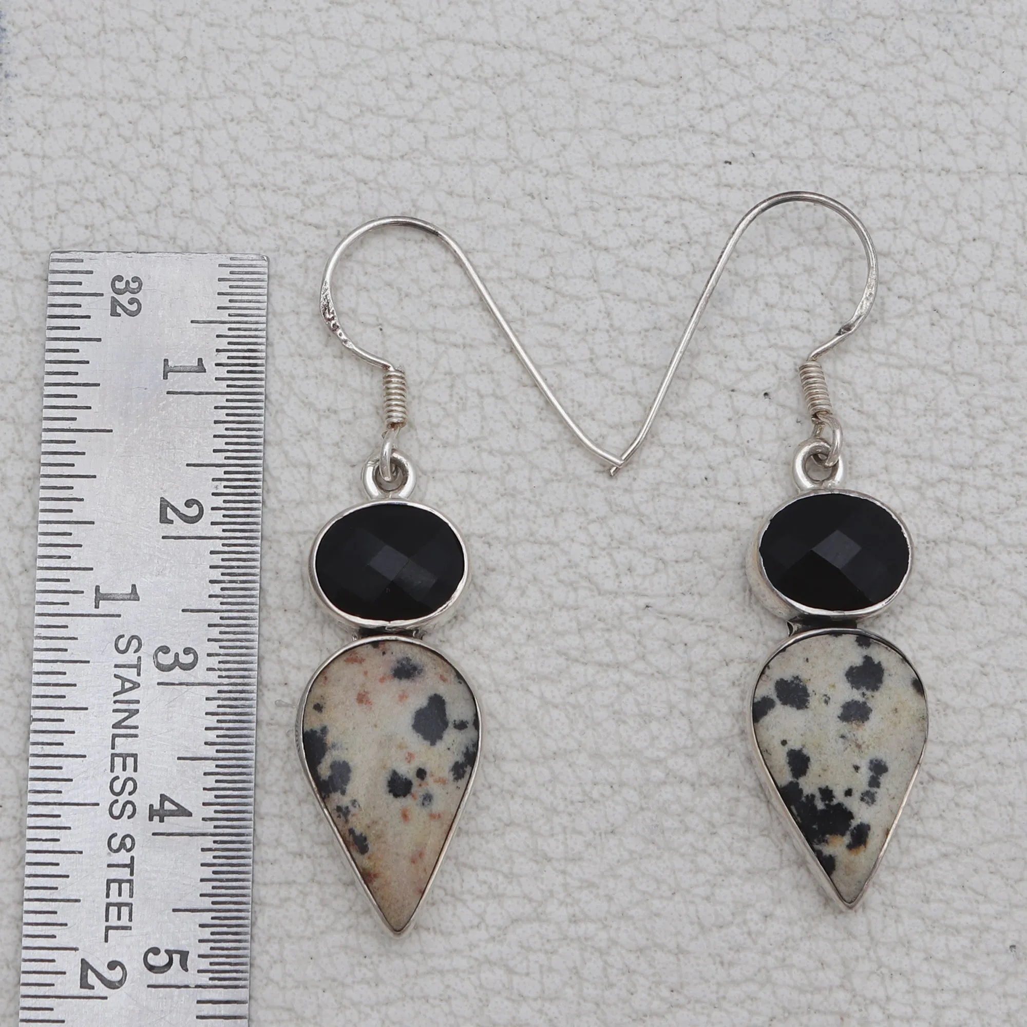 Dalmatian & Black Onyx Silver Earrings