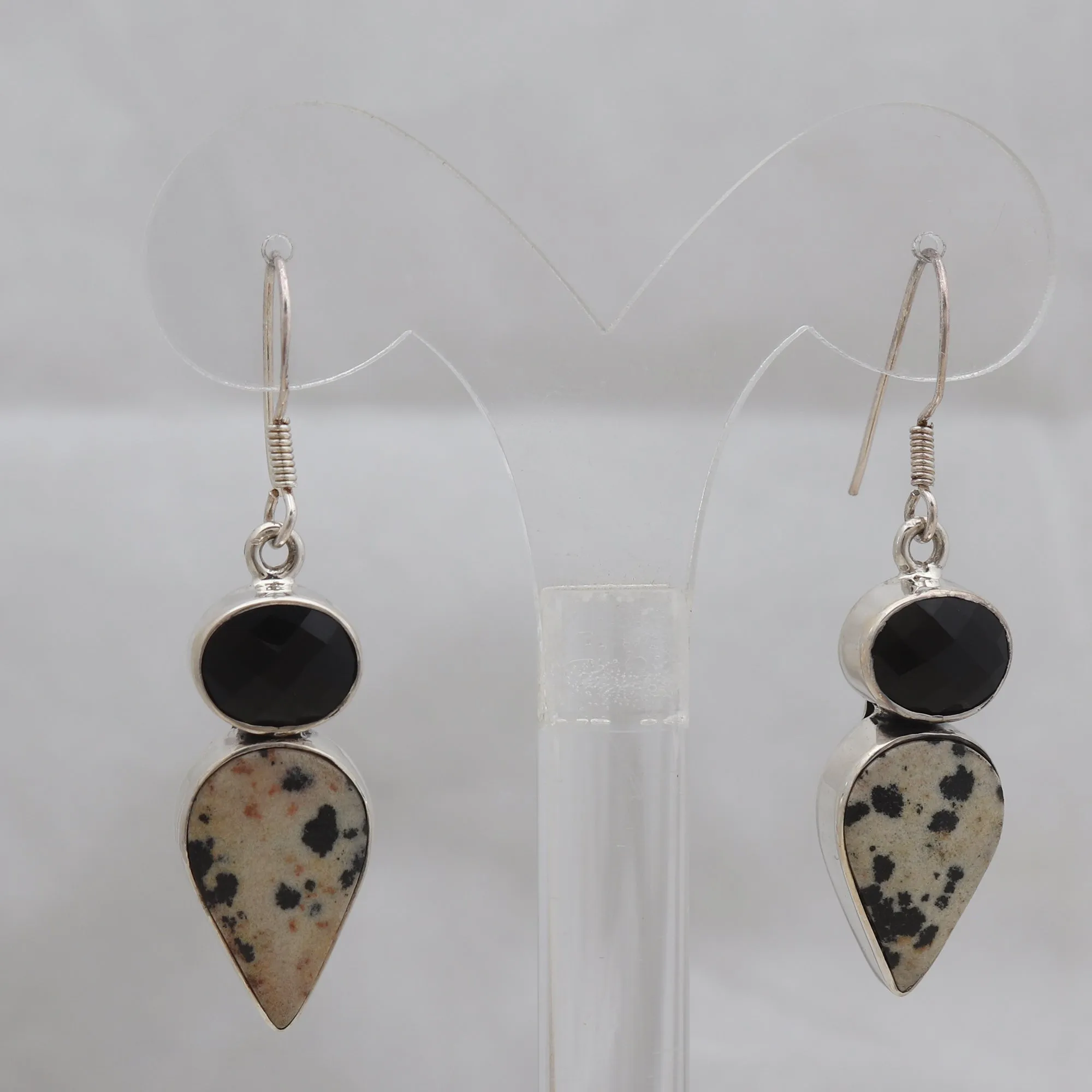 Dalmatian & Black Onyx Silver Earrings