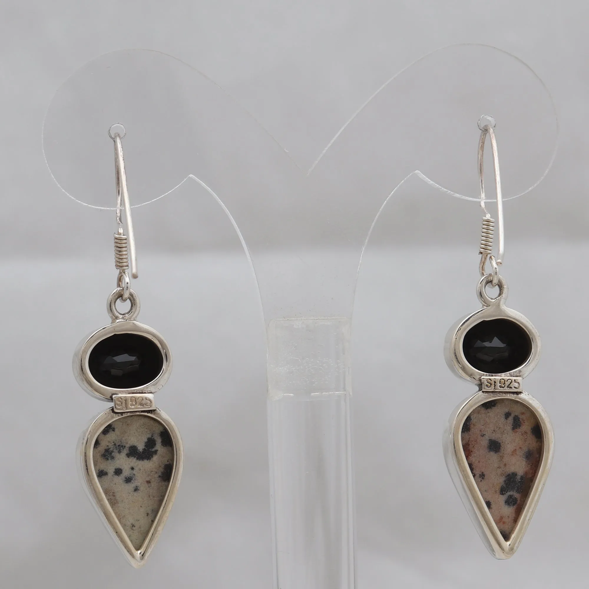 Dalmatian & Black Onyx Silver Earrings