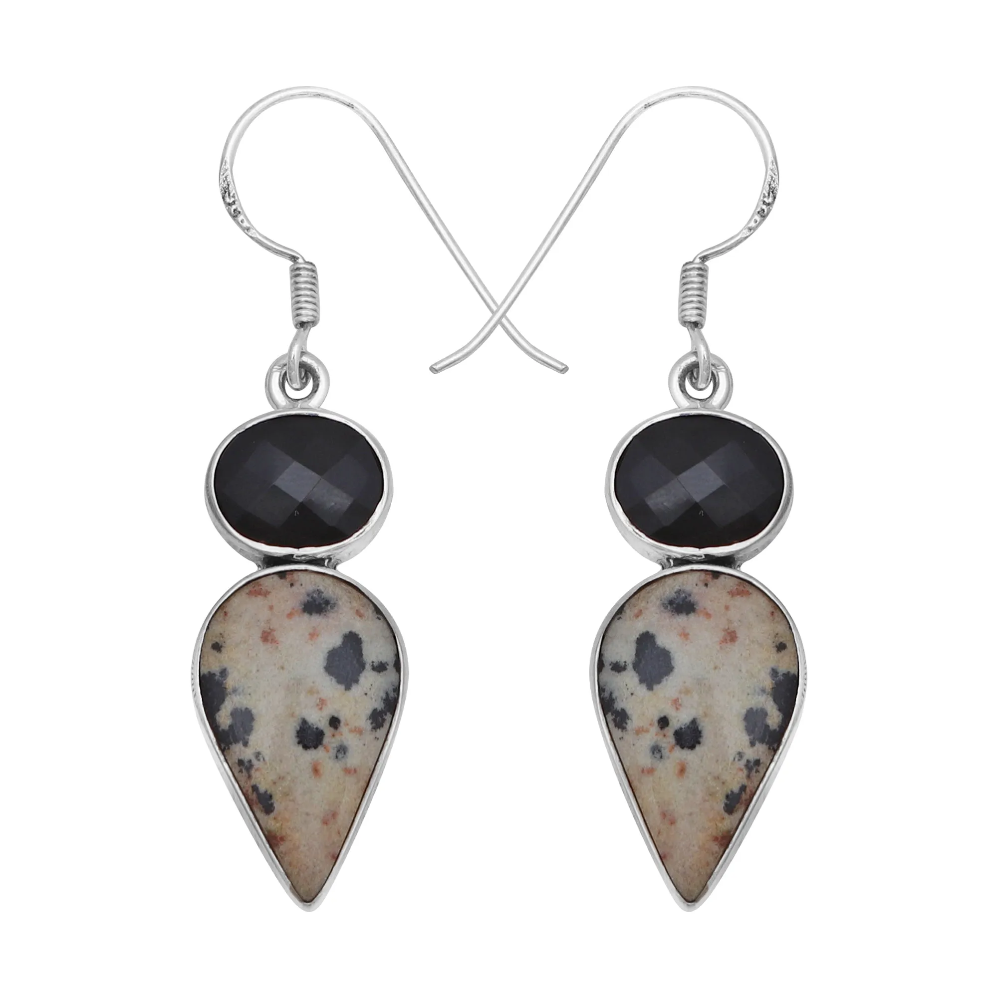 Dalmatian & Black Onyx Silver Earrings