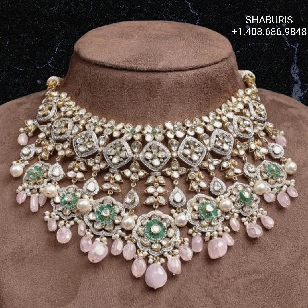 Diamond choker bead jewelry gemstone jewelry polki diamond emerald necklace pure silver jewelry south indian gold jewelry sets -SHABURIS