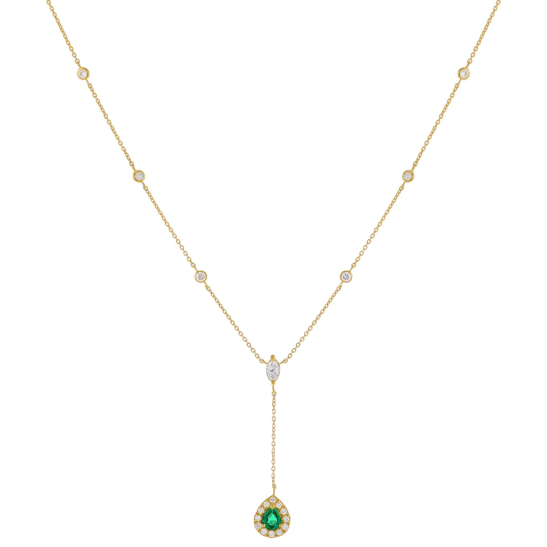 Diamond Emerald Teardrop X Bezel Lariat 14K