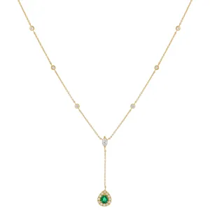 Diamond Emerald Teardrop X Bezel Lariat 14K