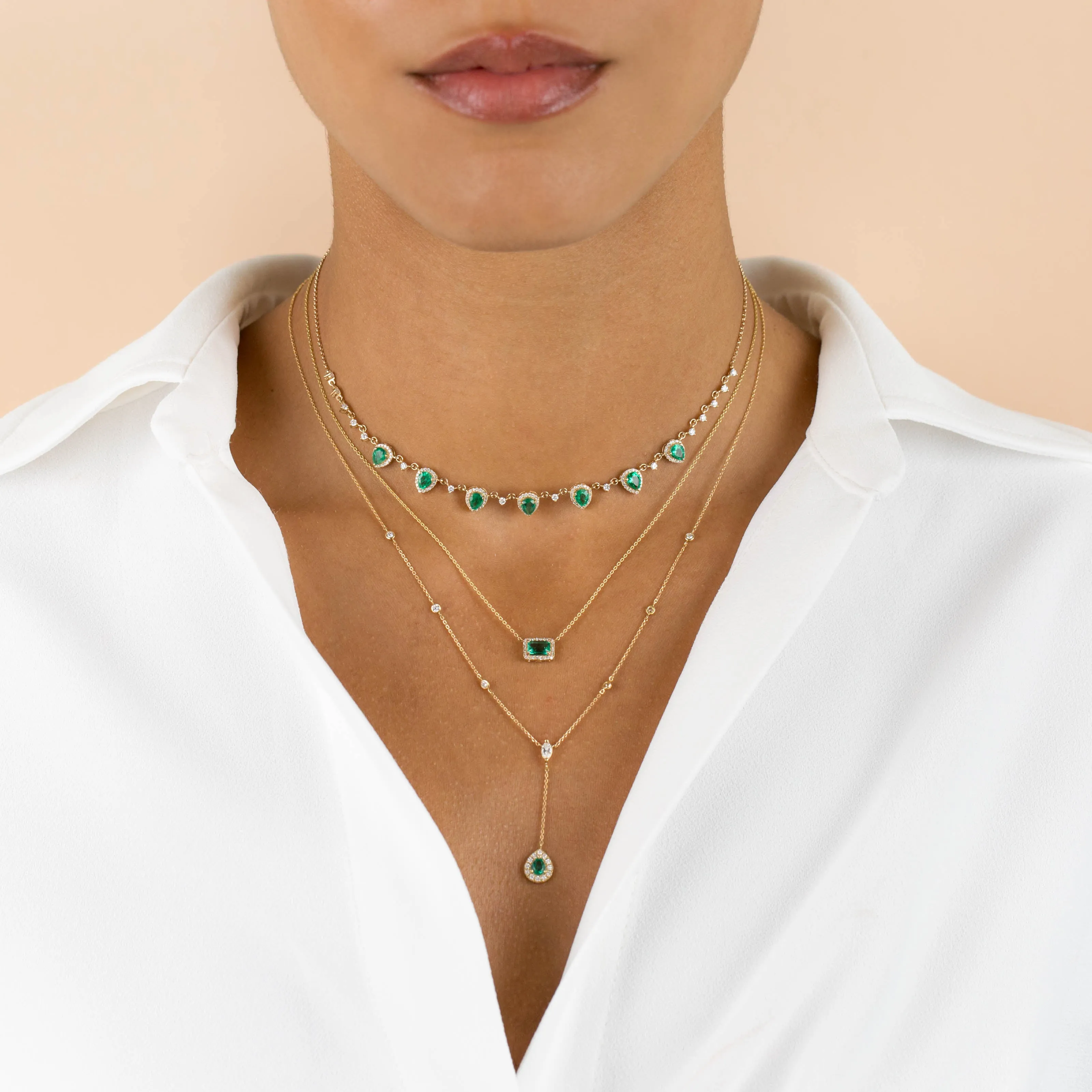 Diamond Emerald Teardrop X Bezel Lariat 14K