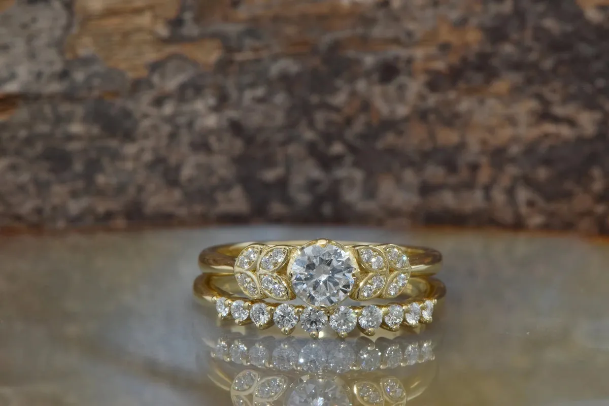 Diamond Leaf wedding set -Art deco wedding set yellow Gold Ring -Promise ring-Leaf rings set-Engagement set