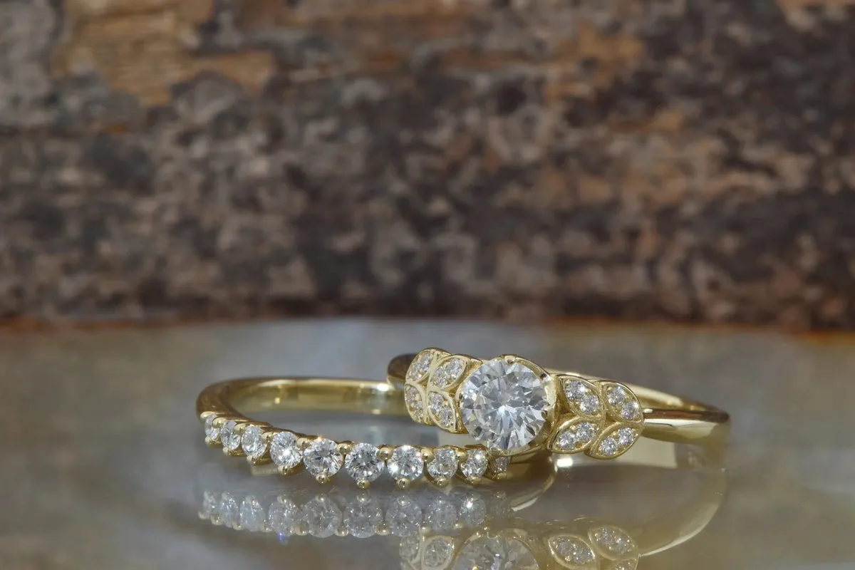 Diamond Leaf wedding set -Art deco wedding set yellow Gold Ring -Promise ring-Leaf rings set-Engagement set