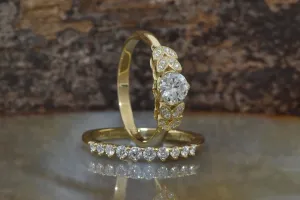 Diamond Leaf wedding set -Art deco wedding set yellow Gold Ring -Promise ring-Leaf rings set-Engagement set