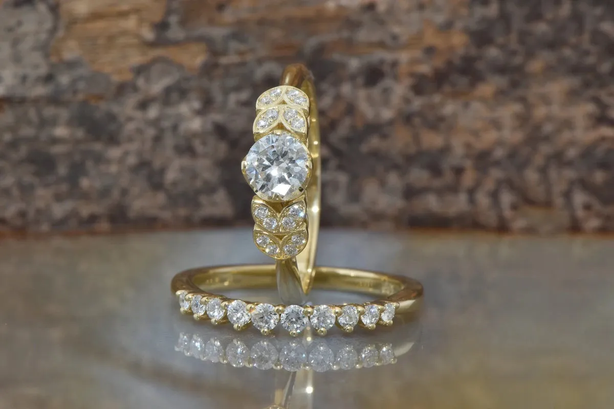 Diamond Leaf wedding set -Art deco wedding set yellow Gold Ring -Promise ring-Leaf rings set-Engagement set