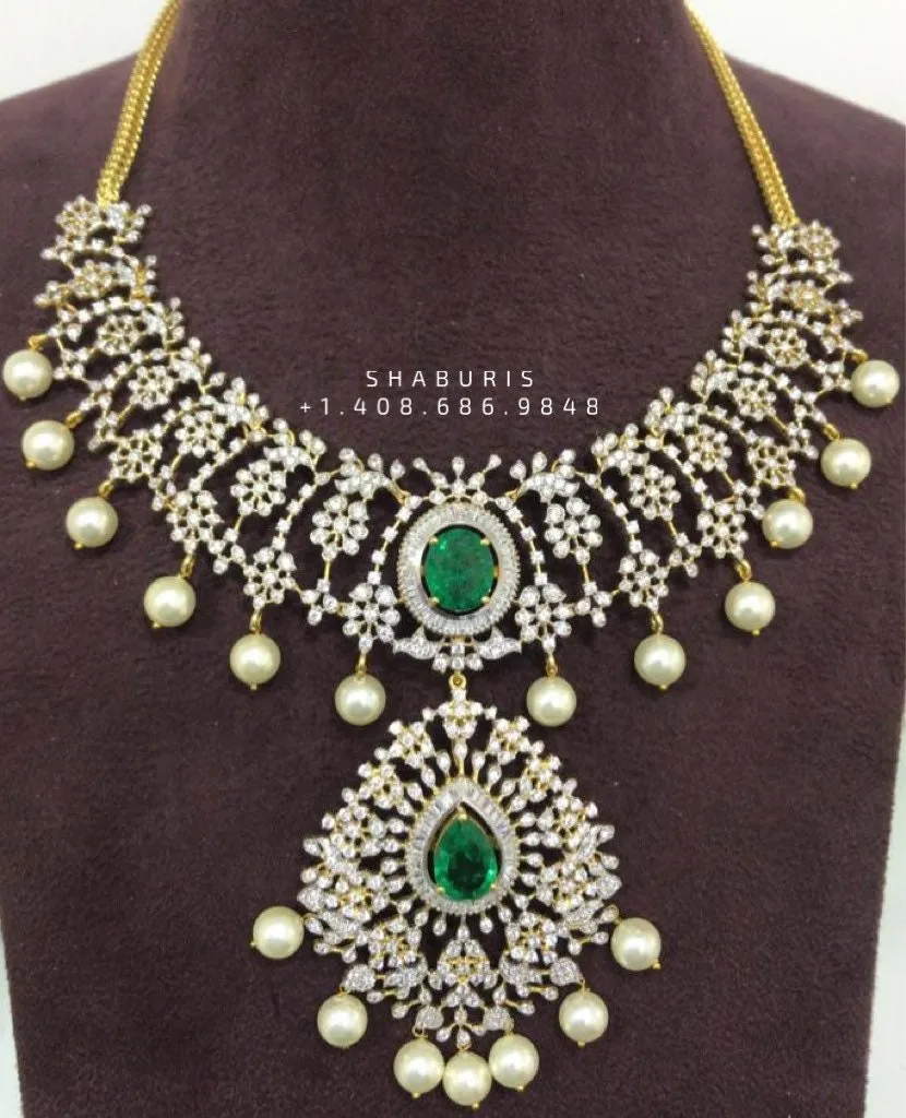 Diamond necklace,South Indian Jewelry,diamond chokerbridal choker,Indian Wedding Jewelry,pure Silver indian jewelry - NIHIRA - SHABURIS
