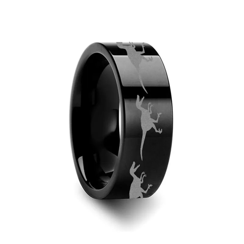 Dinosaur Raptor Velociraptor Prehistoric Paleo Laser Engraved Flat Tungsten Ring