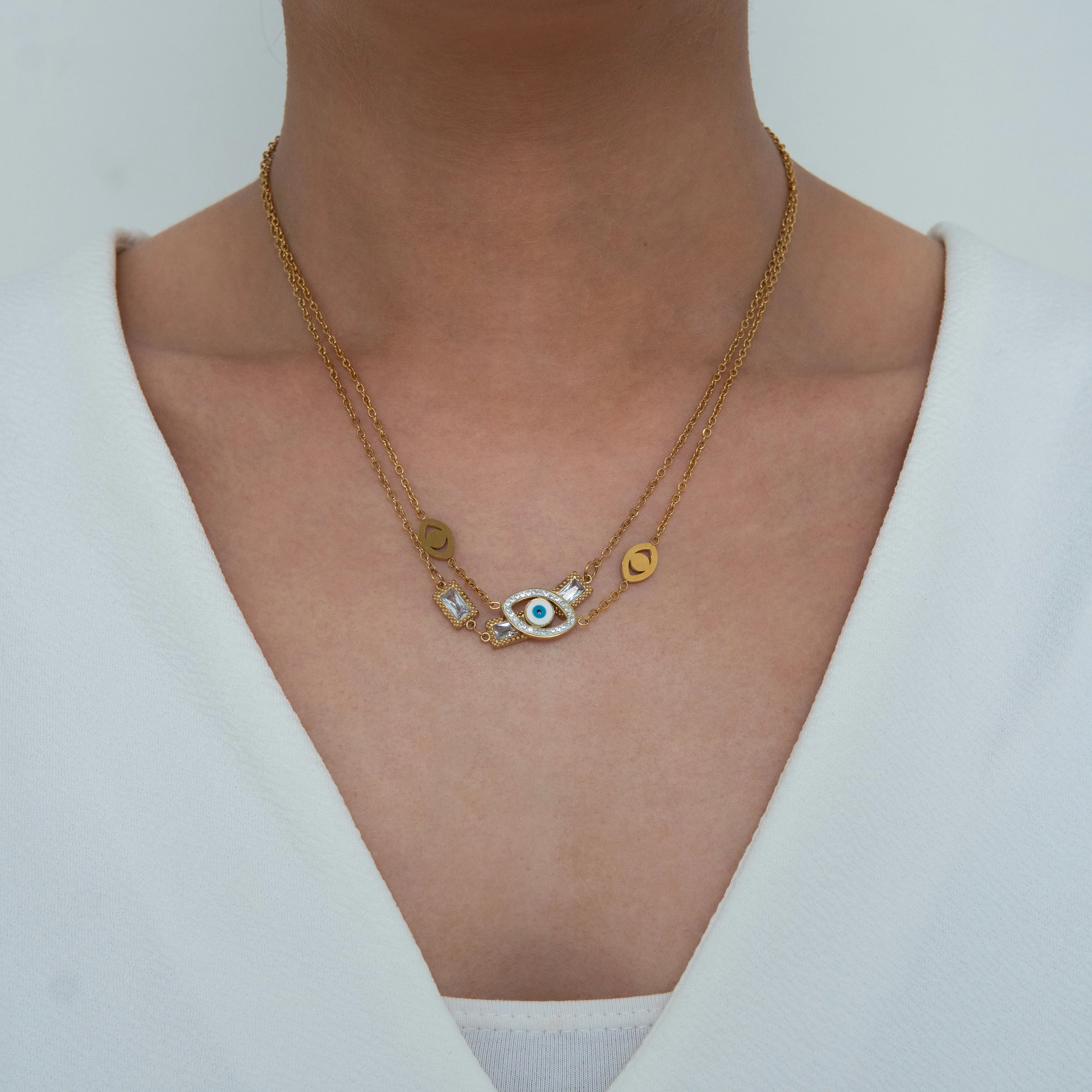 Double Chain Diamond Evil Eye Necklace Gold Plated, Waterproof and Anti-Tarnish