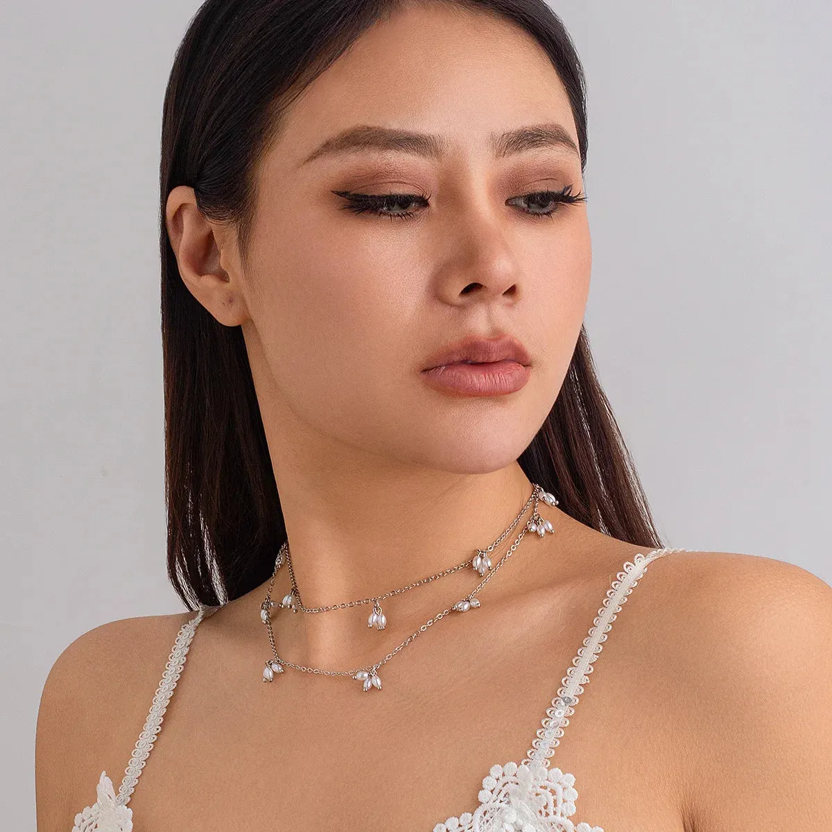 Double Layered Pearl Tassel Necklace