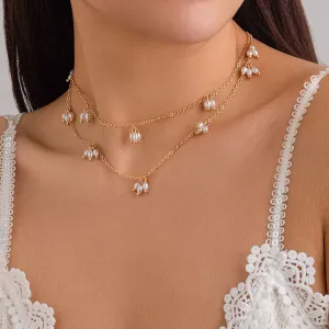 Double Layered Pearl Tassel Necklace
