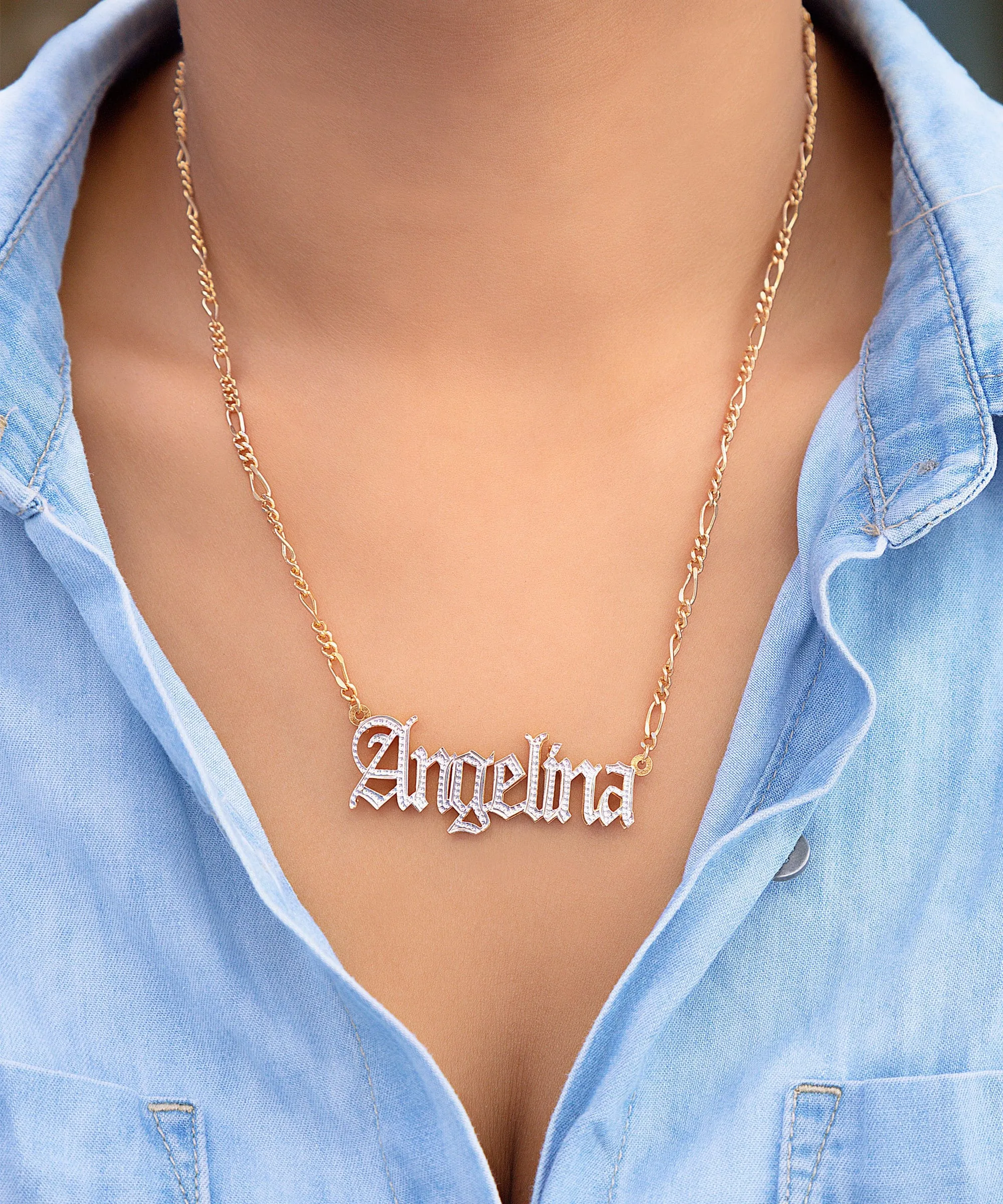 Double Plated Gothic Name Necklace with Figaro Chain