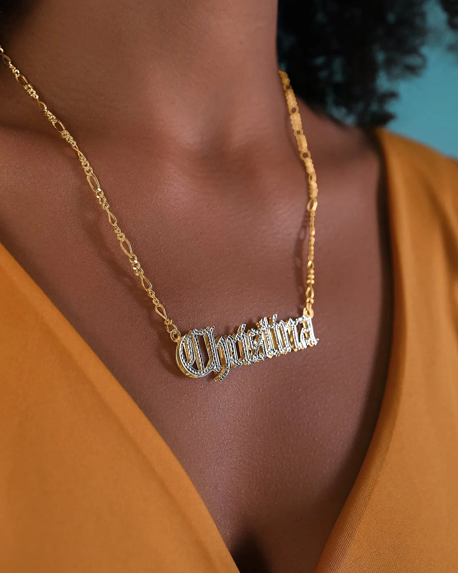 Double Plated Gothic Name Necklace with Figaro Chain