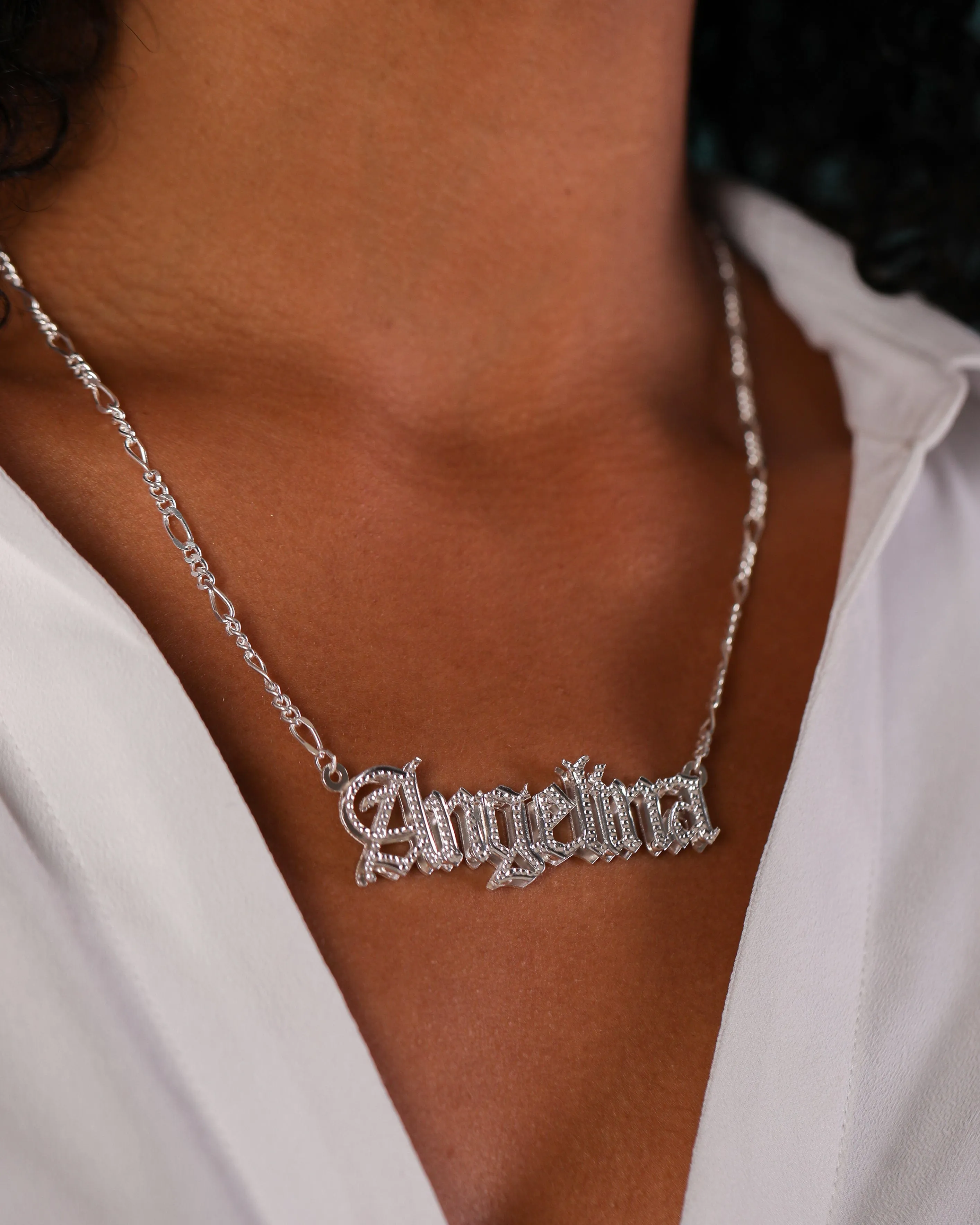 Double Plated Gothic Name Necklace with Figaro Chain