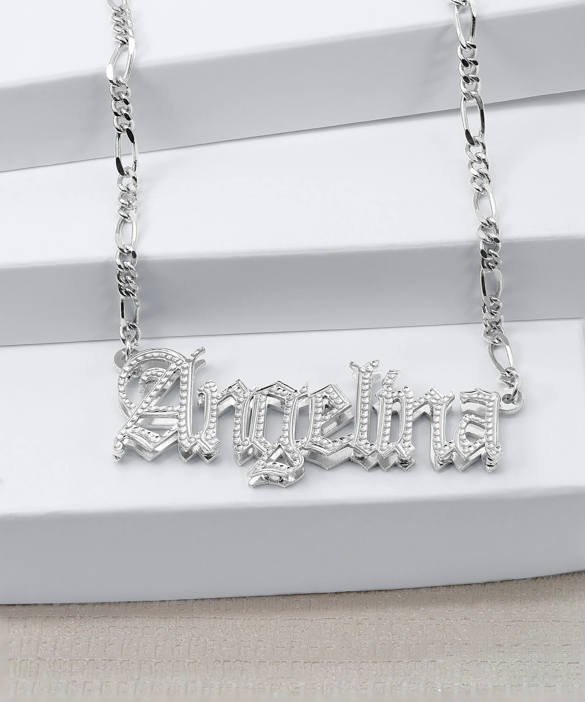 Double Plated Gothic Name Necklace with Figaro Chain