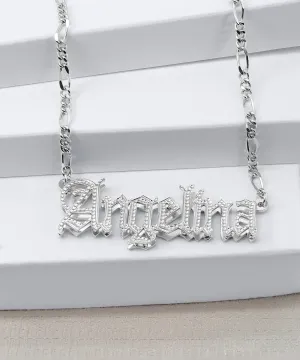 Double Plated Gothic Name Necklace with Figaro Chain