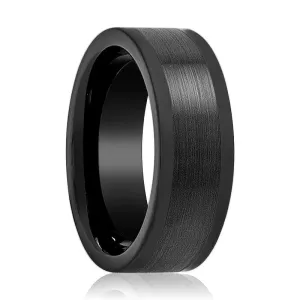 DUSKORA | Black Tungsten Ring, Brushed Center & Polished Edges, Flat