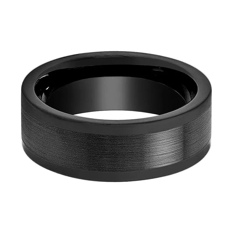DUSKORA | Black Tungsten Ring, Brushed Center & Polished Edges, Flat