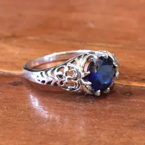Edwardian Style - Filigree Sterling Silver Ring with Blue Sapphire