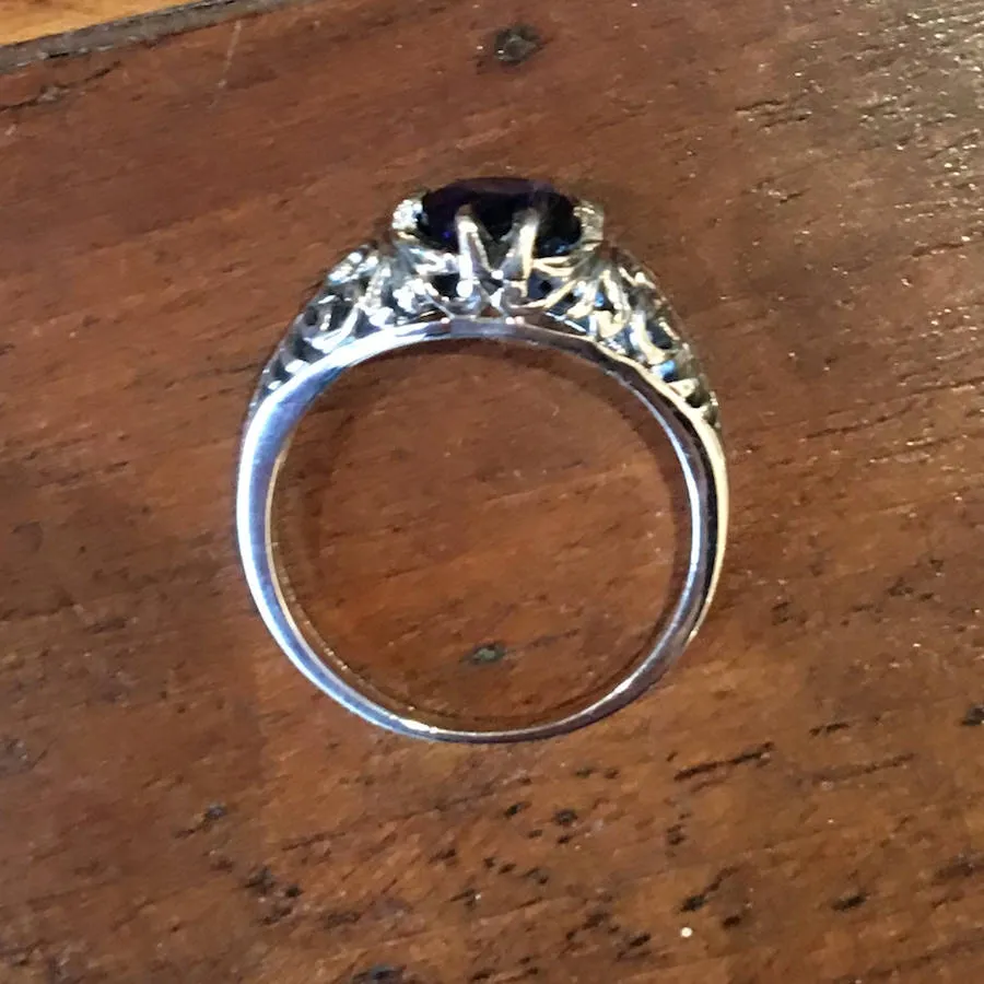 Edwardian Style - Filigree Sterling Silver Ring with Blue Sapphire