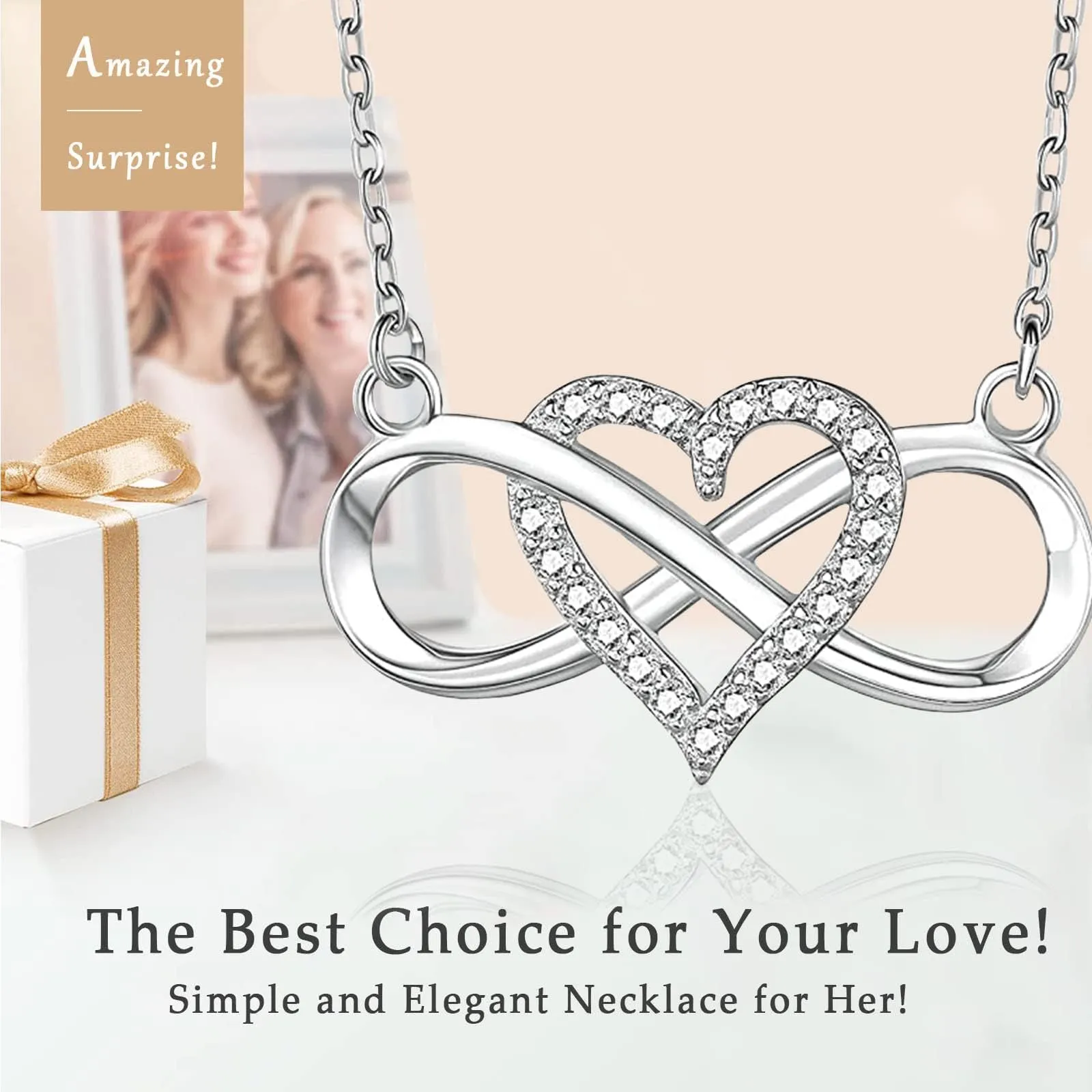 EHENiZ Infinity Heart Necklace for Women Ladies, 925 Silver, 3A  Cubic Zirconia Necklaces for Women, Love Heart Pendant Gifts,18" Chain with 2" Extender