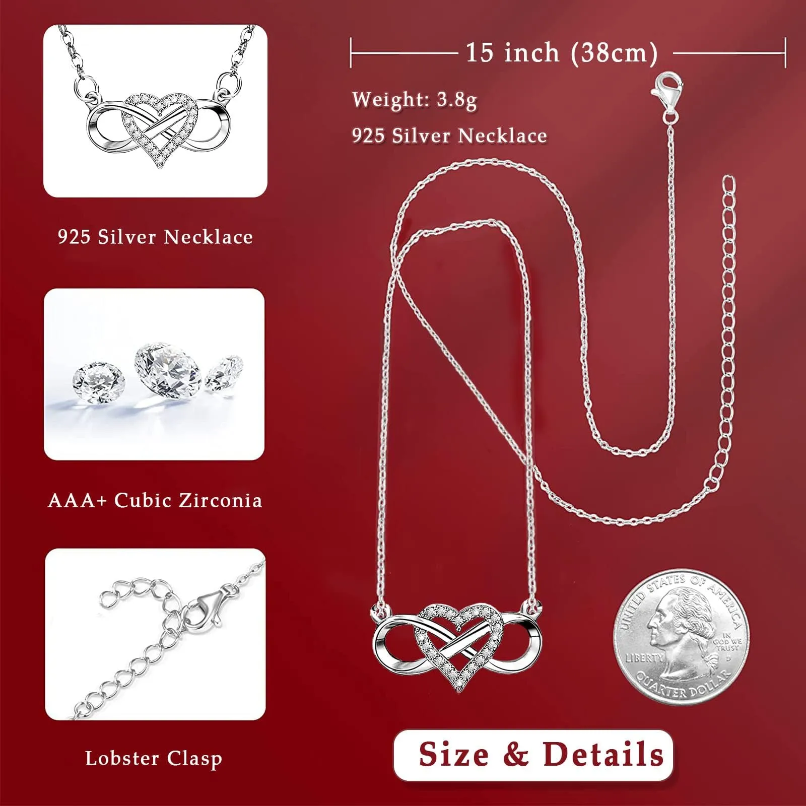 EHENiZ Infinity Heart Necklace for Women Ladies, 925 Silver, 3A  Cubic Zirconia Necklaces for Women, Love Heart Pendant Gifts,18" Chain with 2" Extender
