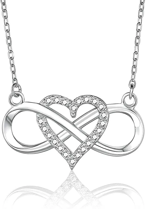 EHENiZ Infinity Heart Necklace for Women Ladies, 925 Silver, 3A  Cubic Zirconia Necklaces for Women, Love Heart Pendant Gifts,18" Chain with 2" Extender