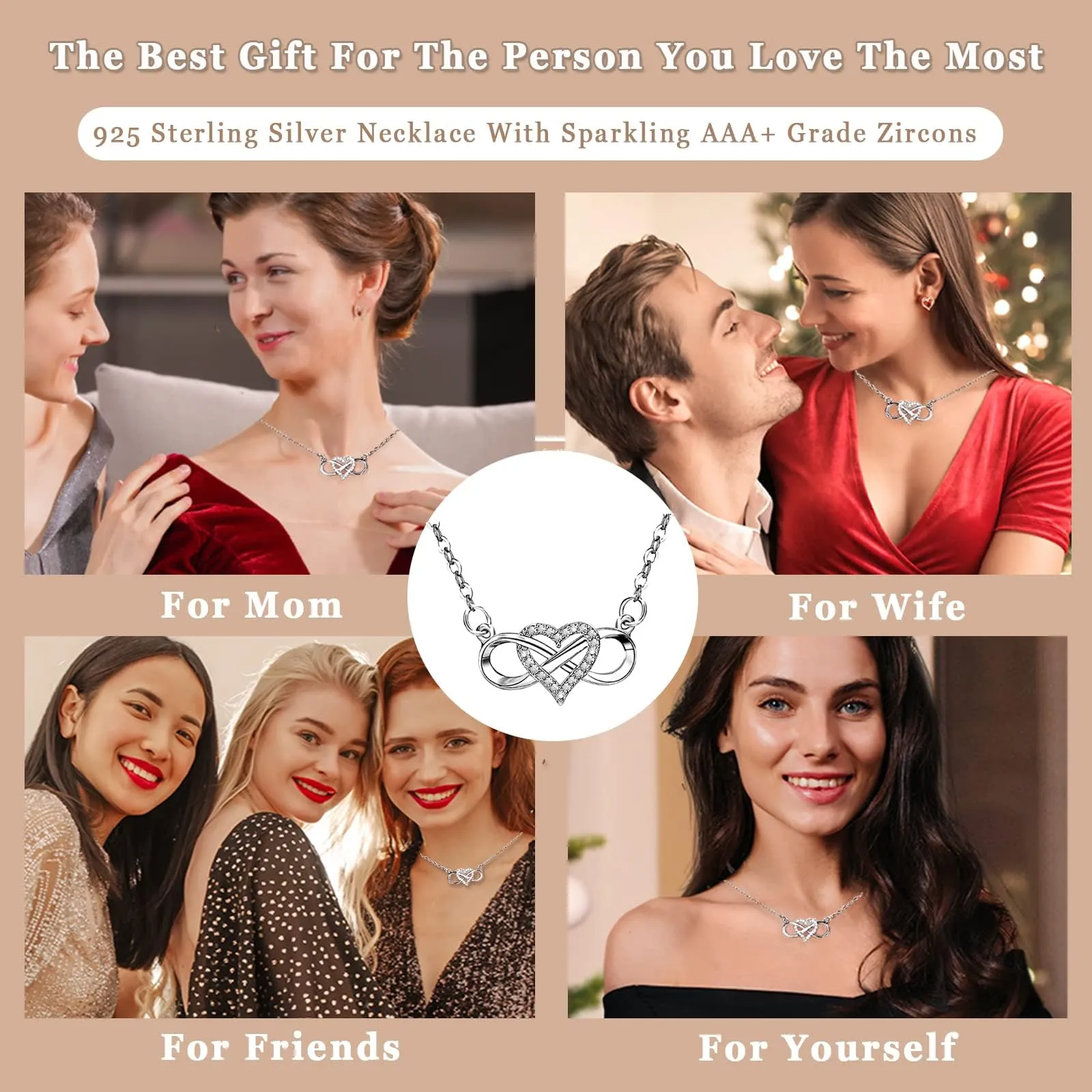 EHENiZ Infinity Heart Necklace for Women Ladies, 925 Silver, 3A  Cubic Zirconia Necklaces for Women, Love Heart Pendant Gifts,18" Chain with 2" Extender
