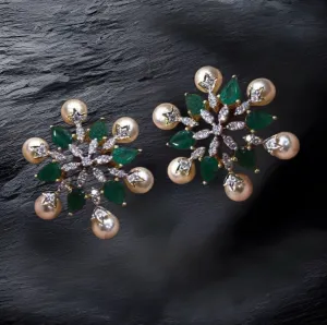 Emerald Studs - Diamond Studs - Cocktail Jewelry - 925 silver Jewelry , South Indian Jewelry,bridal choker,Indian Wedding Jewelry,pure Silver indian jewelry - SHABURIS